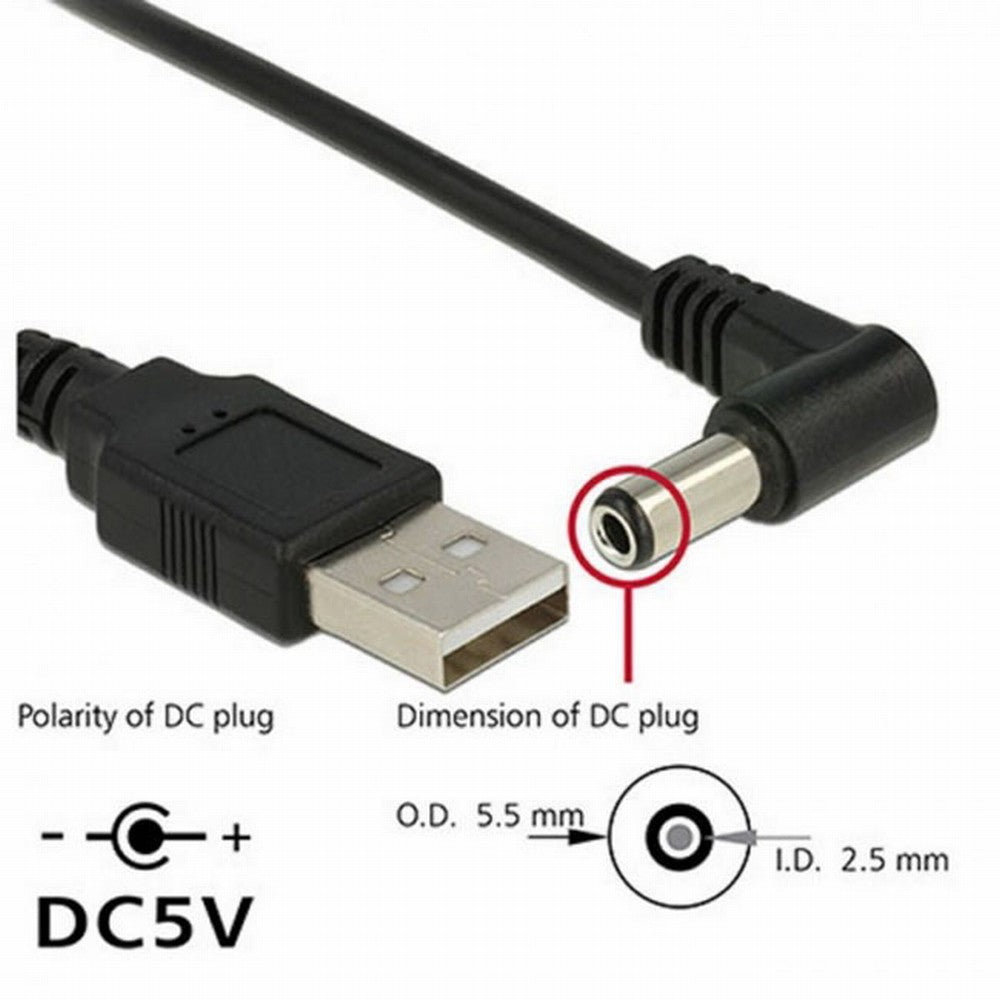 USB 2.0 A Type Male to Right Angled 90 Degree 5.5 x 2.5mm DC 5V Power Plug Barrel Connector Charge Cable U2-154-RI