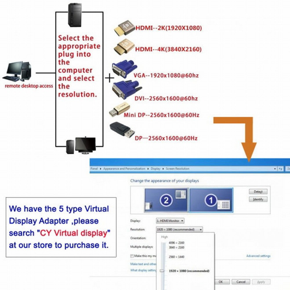 CY Virtual Display Adapter DP Displayport Dummy Plug Headless Ghost Display Emulator 2560x1600p@60Hz DP-063