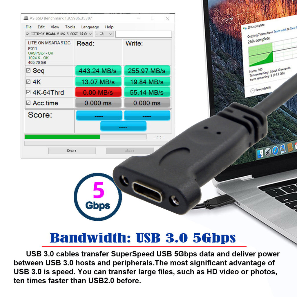 USB-C USB 3.1 Type C Female to USB 3.0 A Male Data Cable 20cm with Panel Mount Screw Hole UC-042