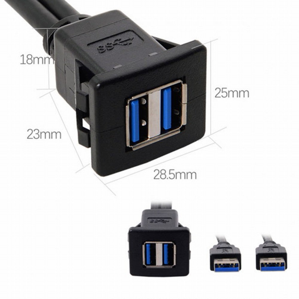 1m Waterproof Dual USB 3.0 Extension Latch Mount Car AUX Cable for Dashboard Panel U3-030-2P