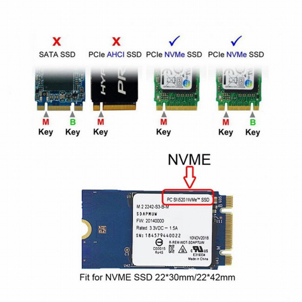 USB 3.1 Gen2 10Gbps to NVME PCI-E M-Key Solid State Drive External Enclosure 2230/2242mm U3-047