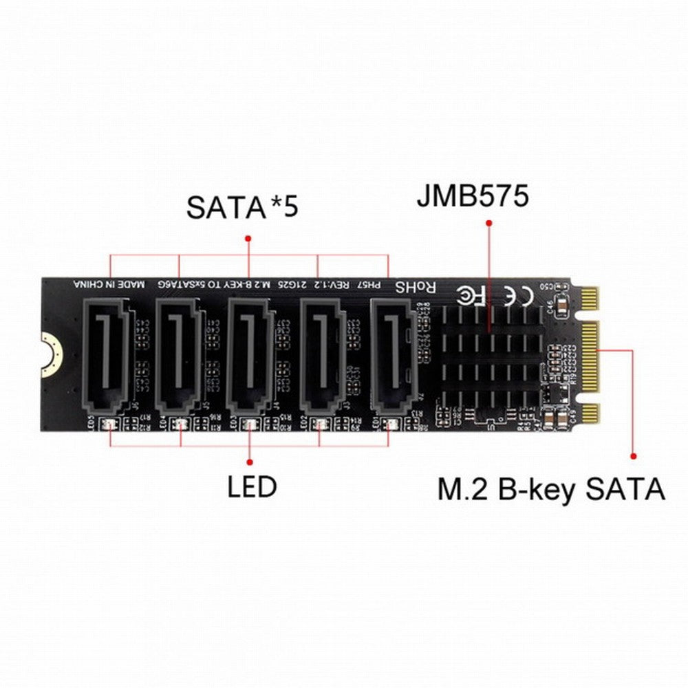 NGFF Key B+M to SATA 3.0 6Gbps 5 Ports Adapter Converter PM Multi Port Select JMB575 2280 SA-035