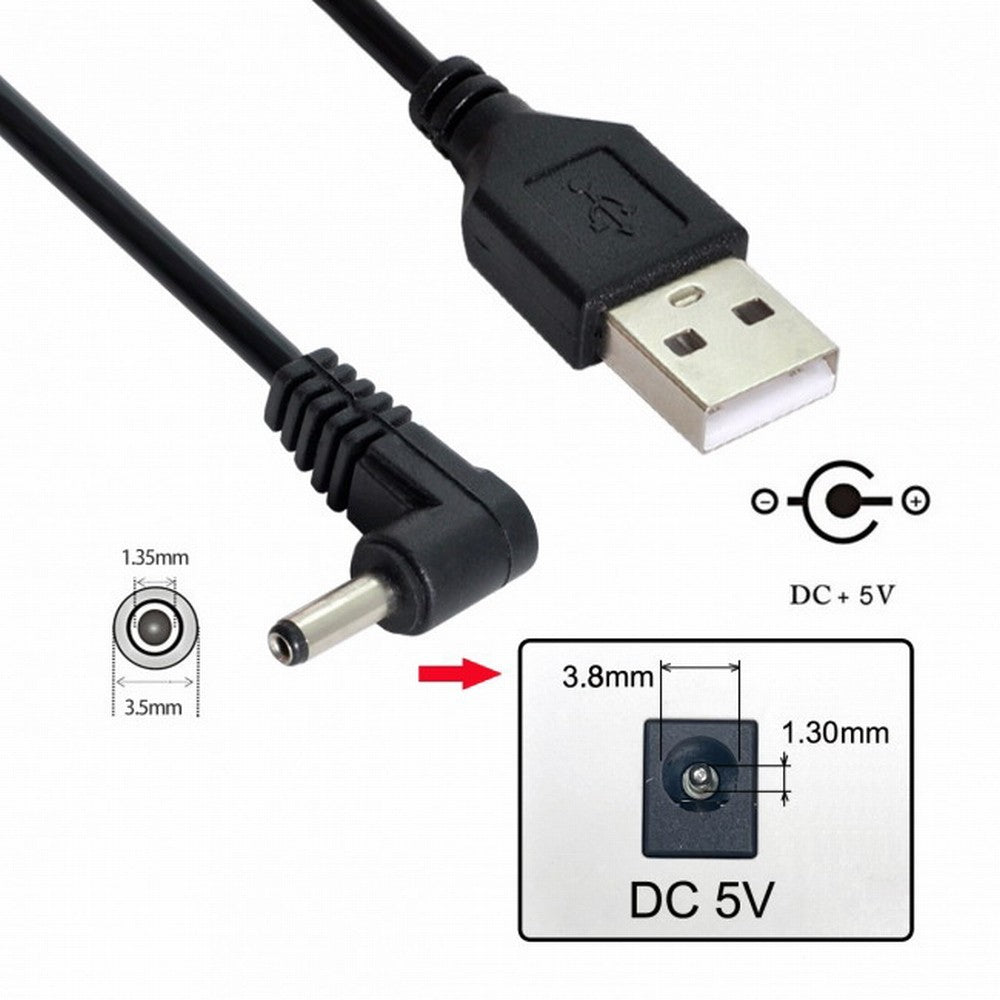 USB 2.0 Male to Right Angled 90 Degree 3.5mm 1.35mm DC power Plug Barrel 5v Cable 100cm U2-111-RI