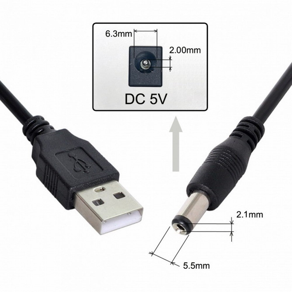 USB 2.0 A Type Male TO 5.5x2.1mm DC Power Plug Barrel Connector 5v Cable 100cm U2-184-BK