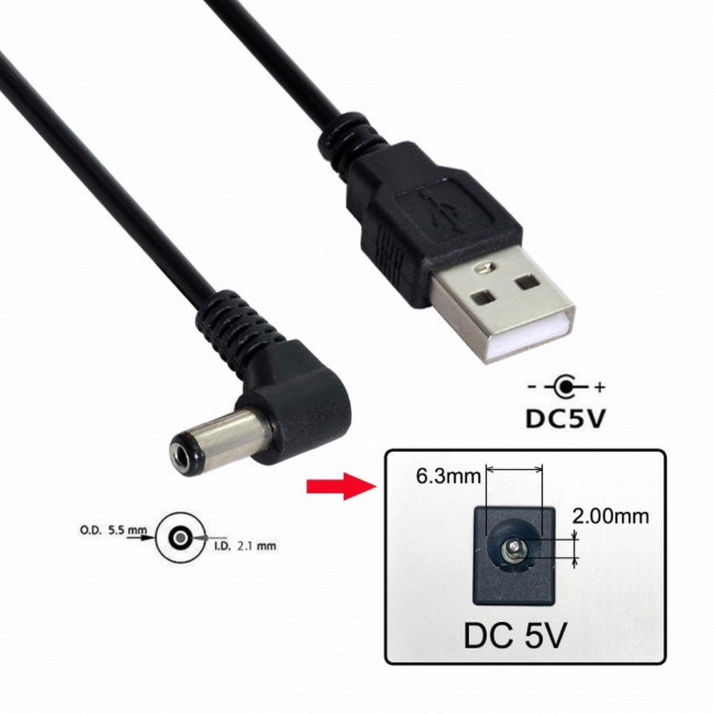 USB 2.0 A Type Male to Right Angled 90 Degree 5.5 x 2.1mm DC 5V Power Plug Barrel Connector Charge Cable U2-184-RI
