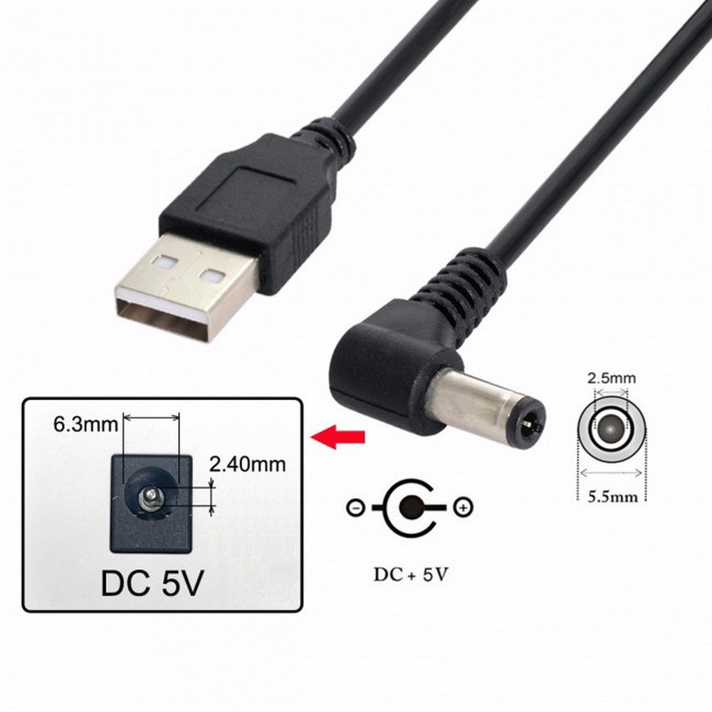 USB 2.0 A Type Male to Right Angled 90 Degree 5.5 x 2.5mm DC 5V Power Plug Barrel Connector Charge Cable U2-154-RI