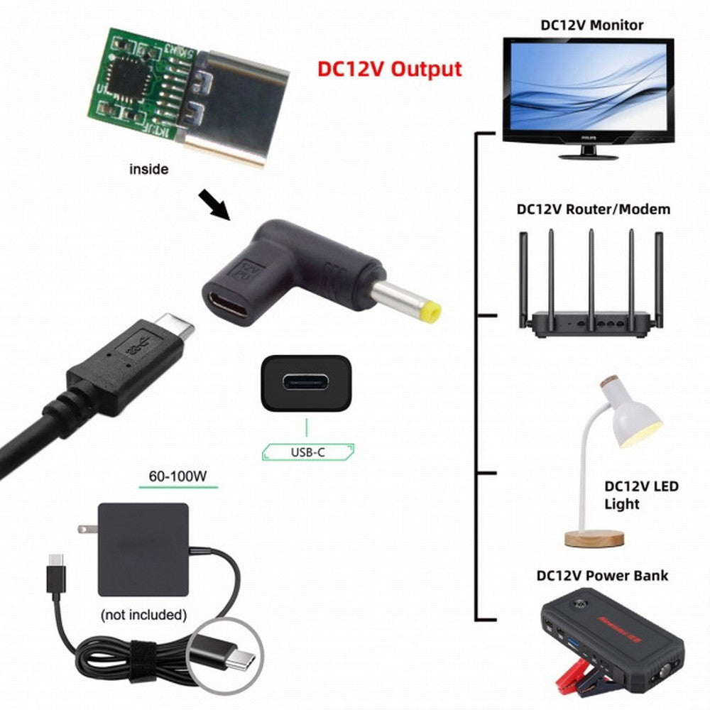 USB 3.1 Type C USB-C Female to DC 12V 4.0x1.7mm Plug Adapter PD Emulator Trigger 90 Degree Angled UC-090-4017MM