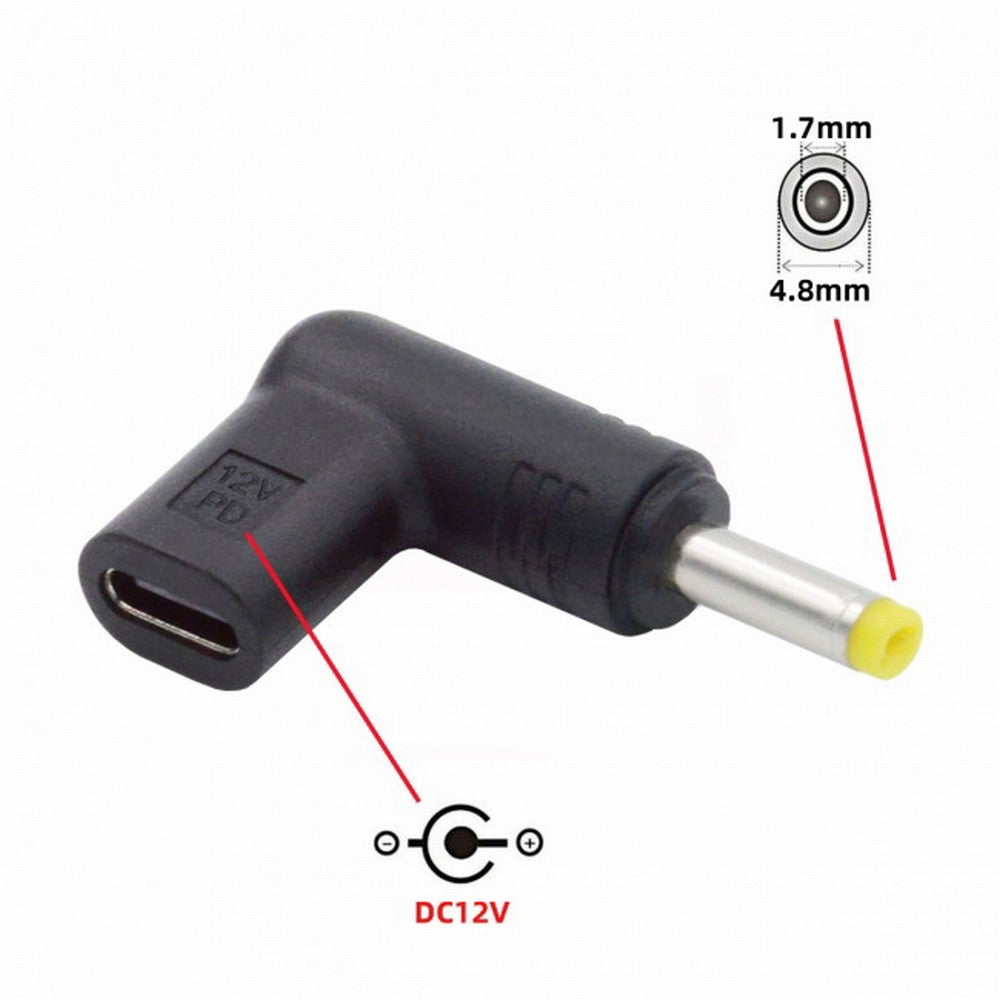 USB 3.1 Type C USB-C Female to DC 12V 4.8x1.7mm Plug Adapter PD Emulator Trigger 90 Degree Angled UC-090-4817MM