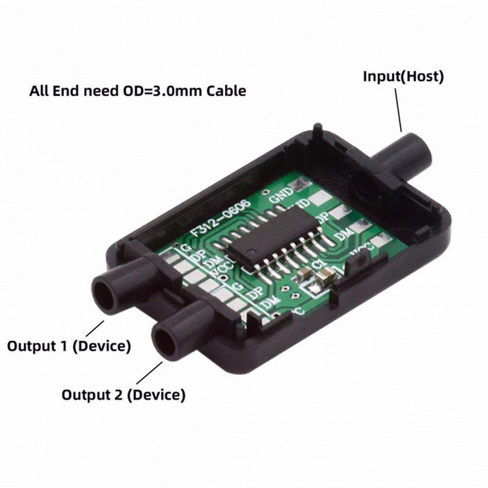 PCBA for USB2.0 Ports HUB USB 1 to 2 Splitter with SR Cover for DIY OEM Parts 3.0mm Cable CN-003