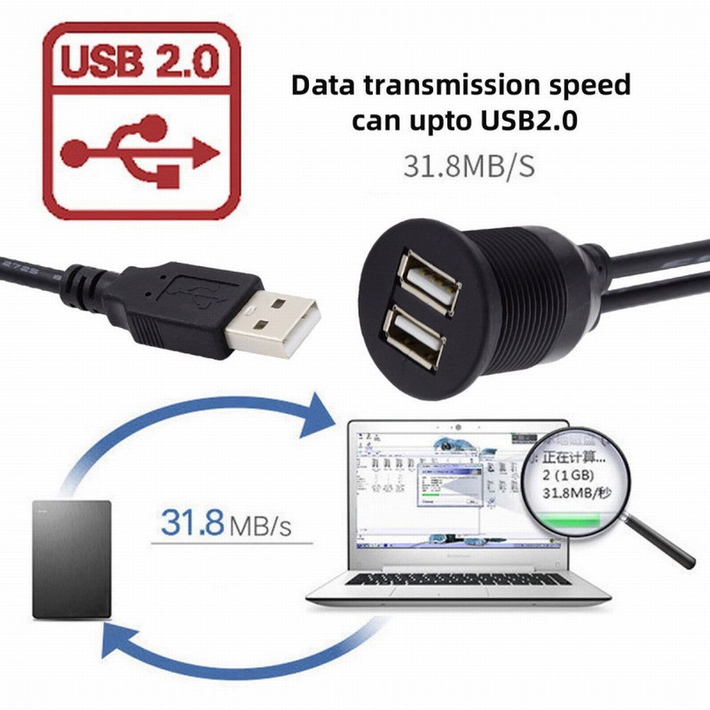 1m Waterproof Dustproof 480Mbps USB2.0 Type-A Male to Dual Female Hub Extension Data Power Cable Car Panel Mount Design U2-024-1.0M