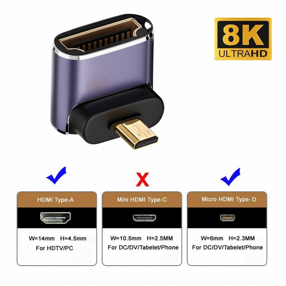 Down Angled Micro HDMI Male to HDMI 2.1 Female UHD Extension Gold Converter Adapter Support 8K 60hz HDTV HD-023-D8K05