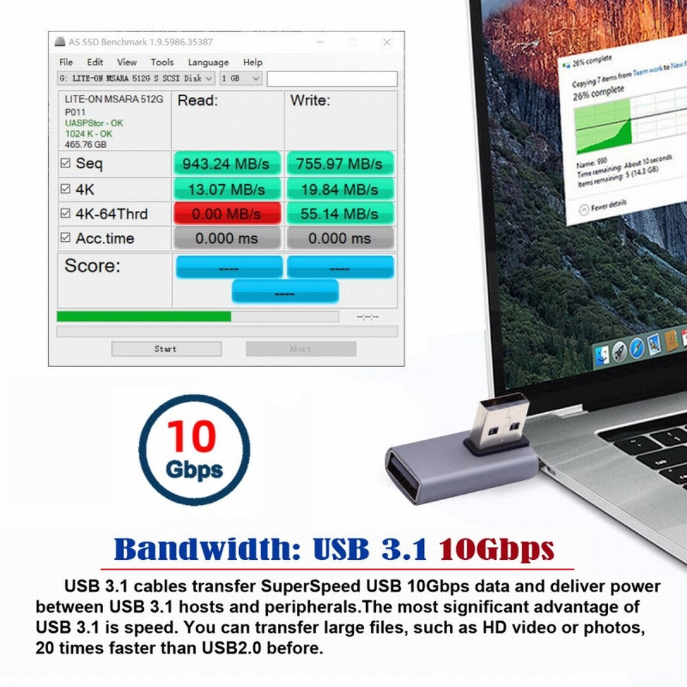 10Gbps USB3.0 Male to Female Extension Power Data Video Adapter Low Profile 90 Degree Right Angled Type U3-018-RI