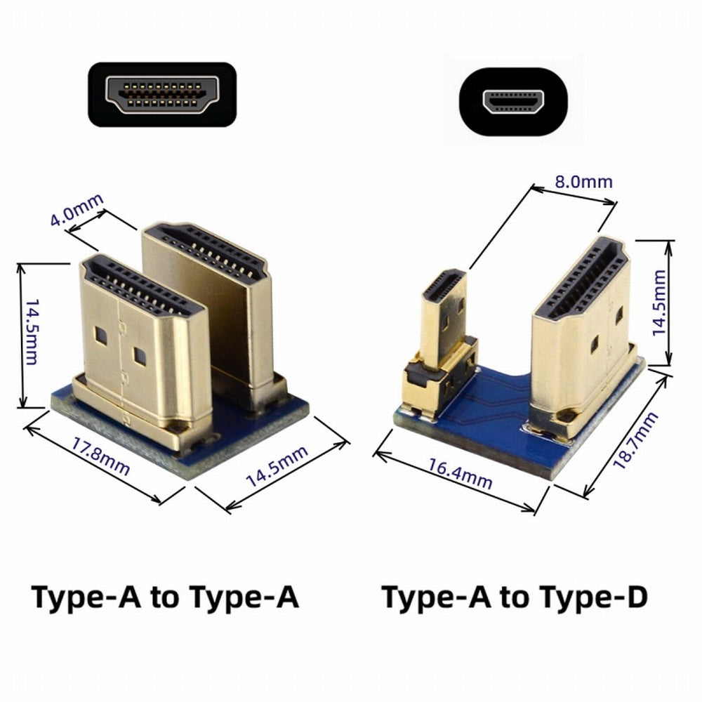 2pcs/set HDMI to Micro HDMI Type A to Type-D Male Connector Socket for Raspberry PI 3B/3B+/4B Opposite U Shape Back Angled CN-006