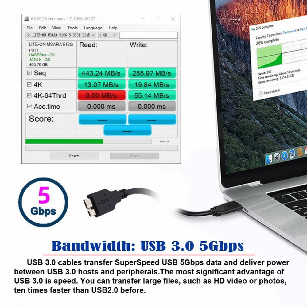 2pcs/set USB 3.1 USB-C Type-C to Micro 3.0 and USB 3.0 Type-A Male to Micro 3.0 B Male Disk SSD Data Cable 15cm UC-140