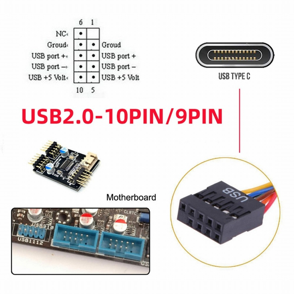 Single Port USB 3.1 Type C USB-C Female to USB 2.0 Motherboard 9pin 10pin Header Cable 20cm with Bracket UC-138