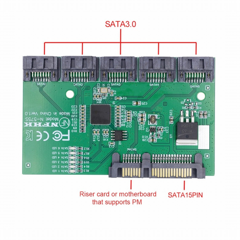 SATA 3.0 6Gbps 1 to 5 Splitter Ports HUB Adapter Converter PM Multiplier Port Selector JMB575 SA-054