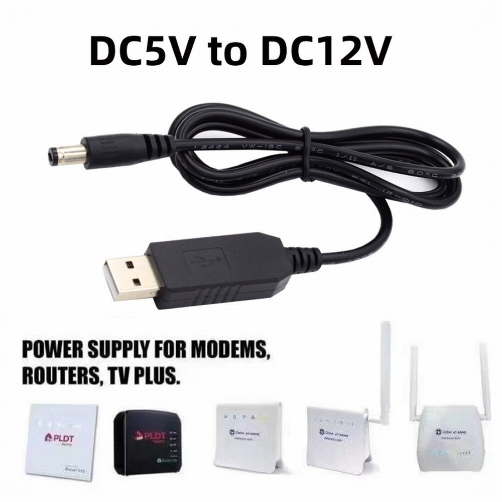 USB 2.0 Type-A DC5V to DC12V 5.5x2.1mm 5.5x2.5mm Voltage Riser Boost Power Plug Barrel Connector Cable 100cm U2-051-5521MM