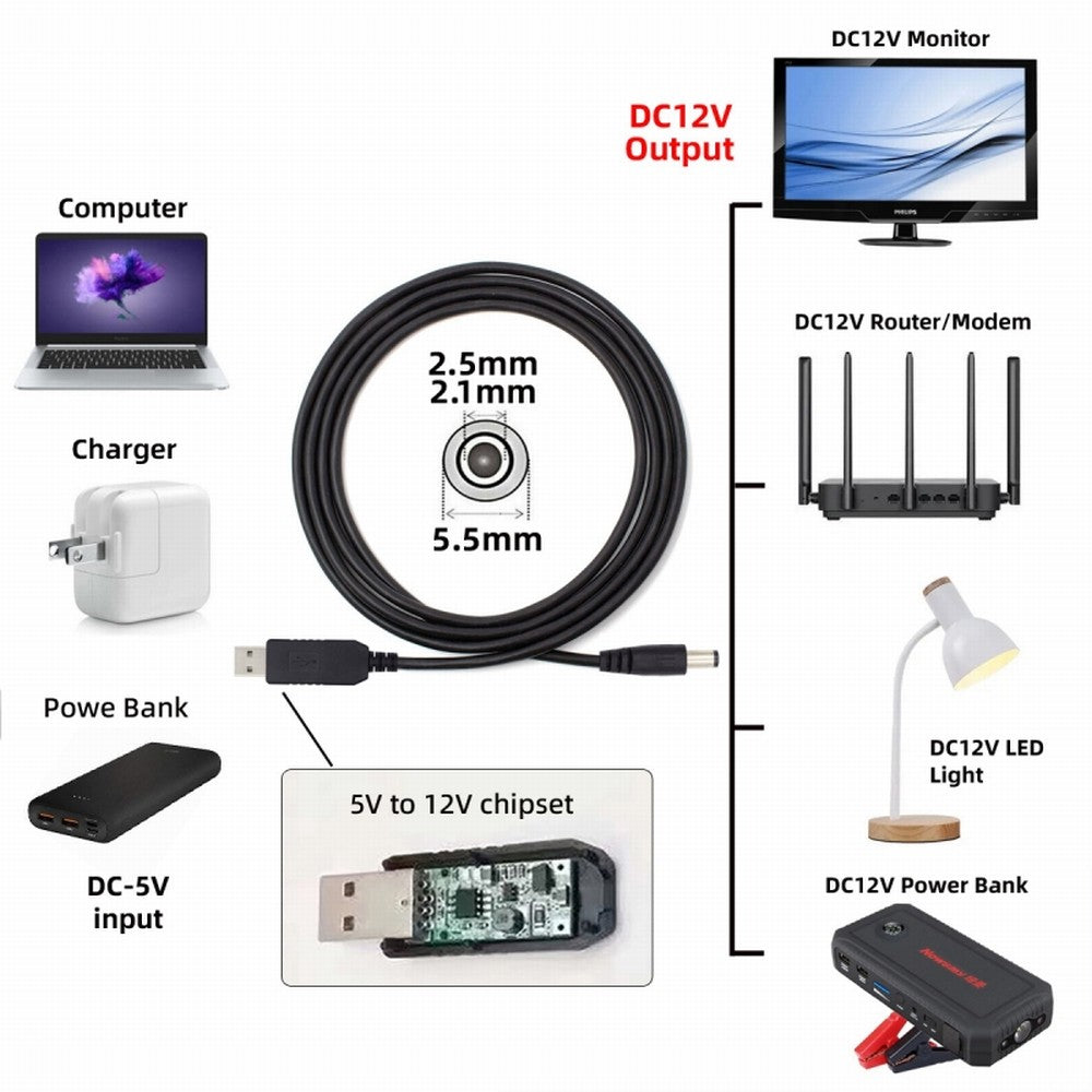 USB 2.0 Type-A DC5V to DC12V 5.5x2.1mm 5.5x2.5mm Voltage Riser Boost Power Plug Barrel Connector Cable 100cm U2-051-5521MM