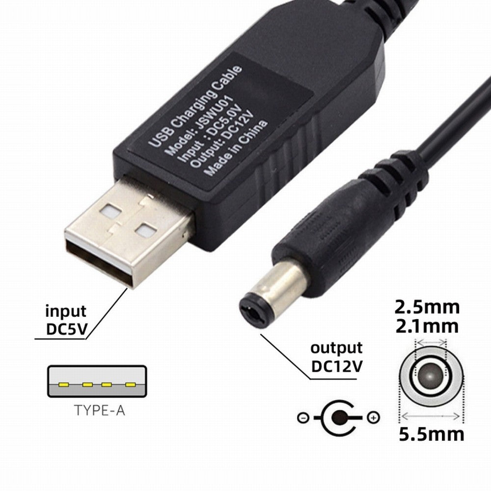 USB 2.0 Type-A DC5V to DC12V 5.5x2.1mm 5.5x2.5mm Voltage Riser Boost Power Plug Barrel Connector Cable 100cm U2-051-5521MM