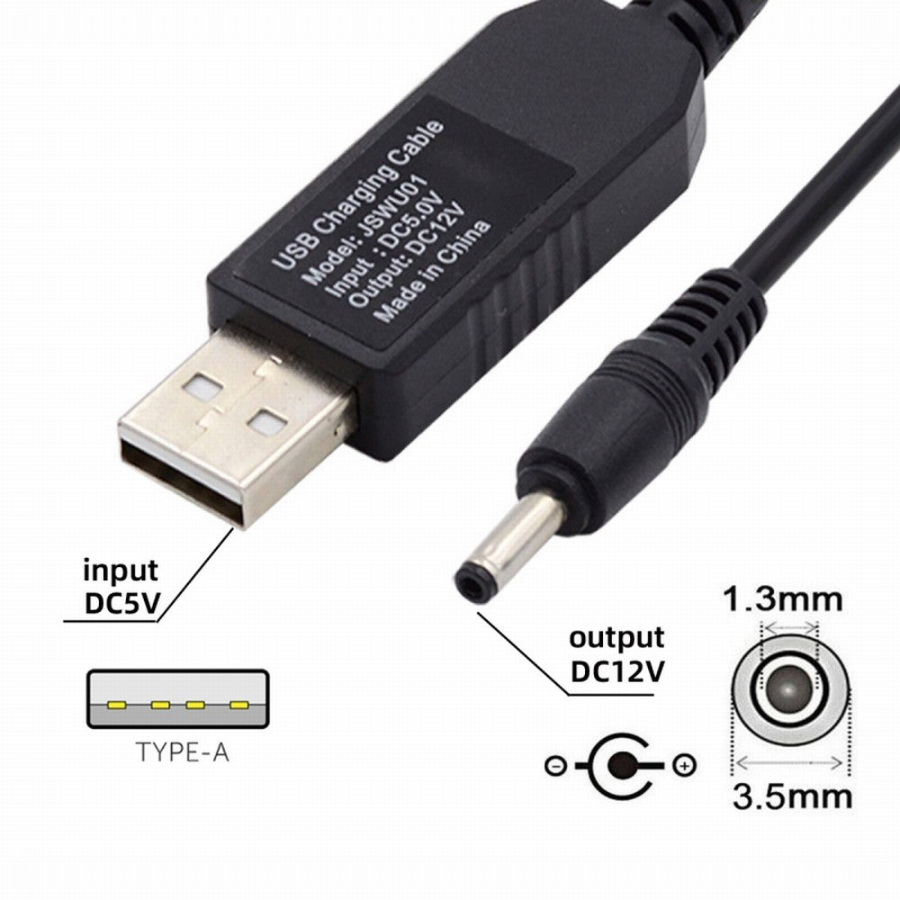 USB 2.0 Type-A DC 5V to DC 12V 3.5x1.3mm Voltage Riser Boost Power Plug Barrel Connector Cable 100cm U2-051-3513MM