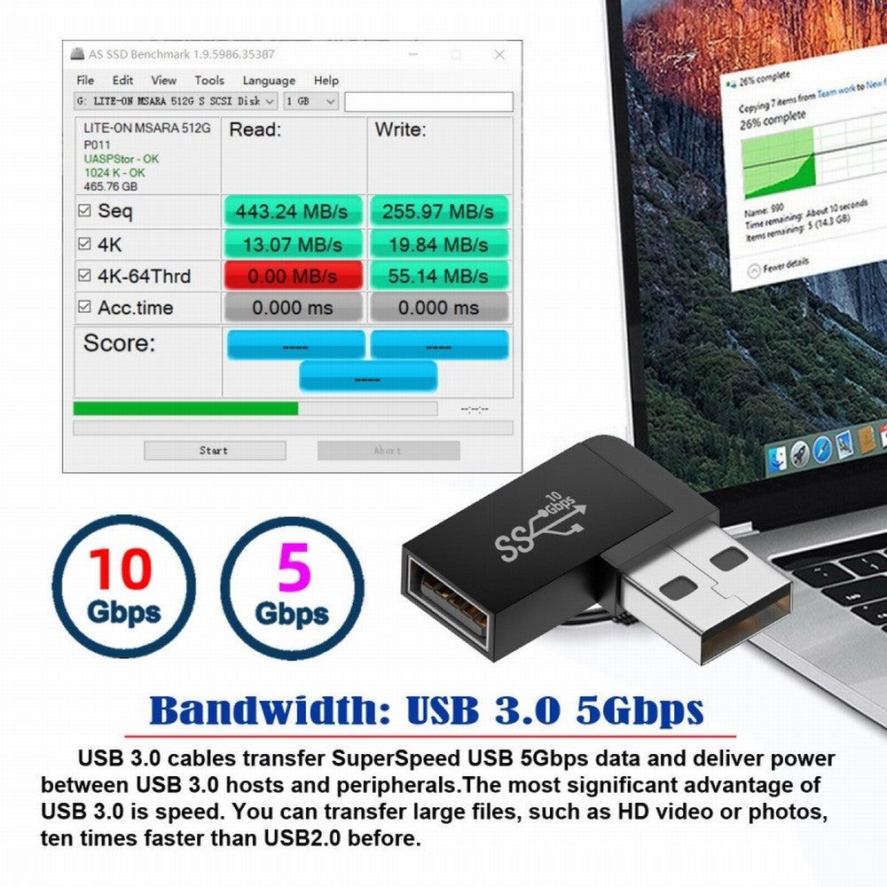 10Gbps USB3.0 Male to Female Extension Power Data Video Adapter 90 Degree Left Angled Type U3-018-LF