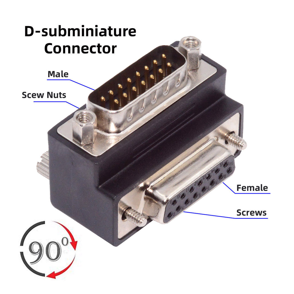 DSUB RS232 D-subminiature 15pin Male Nut to Female Screw Extension Adapter DB Connector Down 90 Degree Angled DB-017-DN