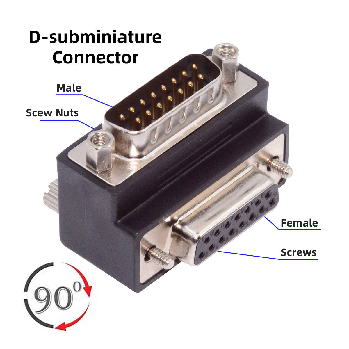 DSUB RS232 D-subminiature 15pin Male Nut to Female Screw Extension Adapter DB Connector Down 90 Degree Angled DB-017-DN