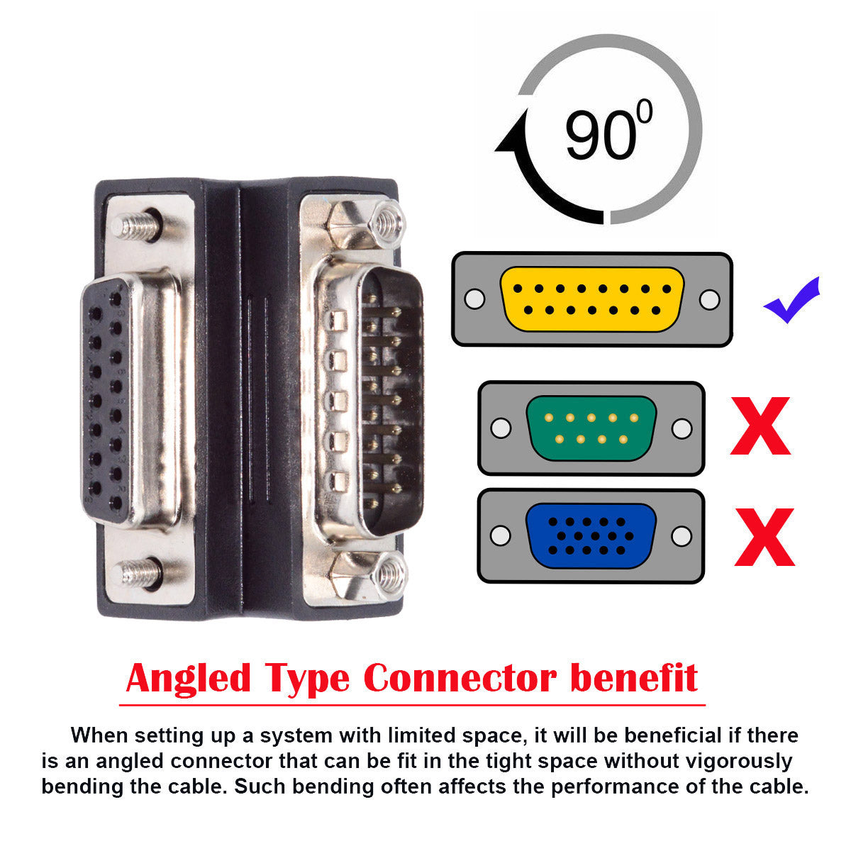 DSUB RS232 D-subminiature 15pin Male Nut to Female Screw Extension Adapter DB Connector Up 90 Degree Angled DB-017-UP