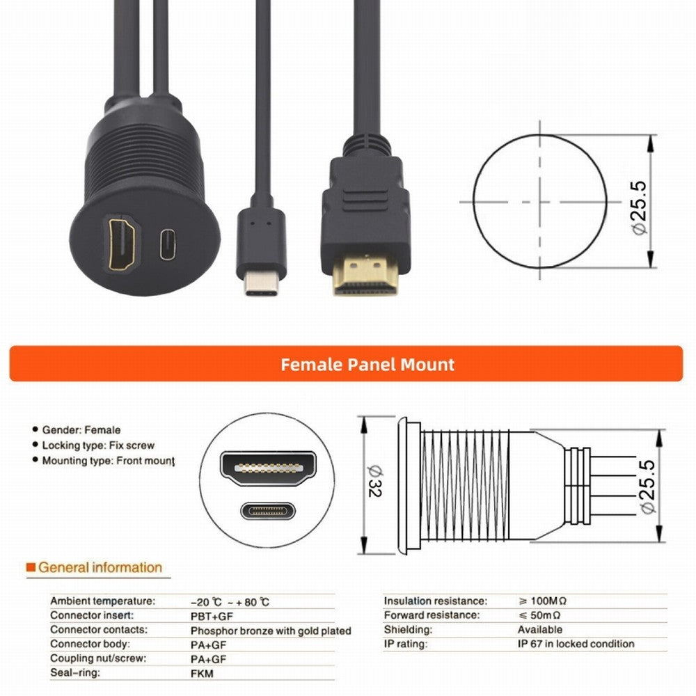 Waterproof Dustproof USB-C Type-C USB &HDMI 4K Extension Flush Car Latch Mount Extension Cable for Dashboard Panel HD-022-1.0M