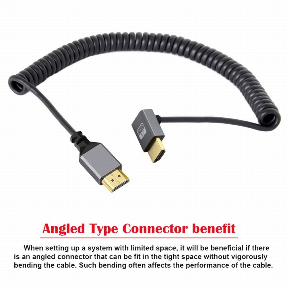 HDMI 2.0 Male to HDMI Male 4K 60hz Stretch Coiled Cable Down Angled 90 Degree for HDTV Computer Laptop Monitor HD-035-DN