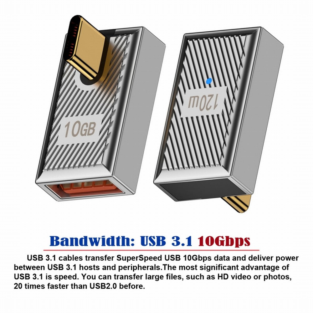 USB-C USB 3.1 Type C Male to USB 3.0 A Female 10Gbps OTG Data 120W Power Low Profile Angled Adapter Alloy Shell Mecha Cyberpunk Style UC-017-LP