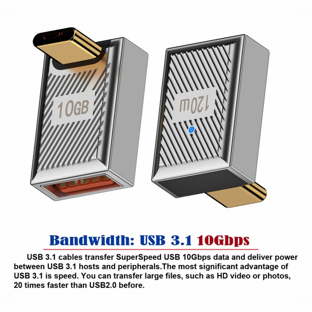 USB-C USB 3.1 Type C Male to USB 3.0 A Female 10Gbps OTG Data 120W Power Up Down Angled Adapter Alloy Shell Mecha Cyberpunk Style UC-017-UP