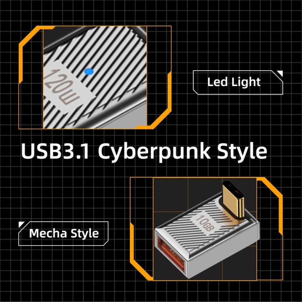 USB-C USB 3.1 Type C Male to USB 3.0 A Female 10Gbps OTG Data 120W Power Up Down Angled Adapter Alloy Shell Mecha Cyberpunk Style UC-017-UP