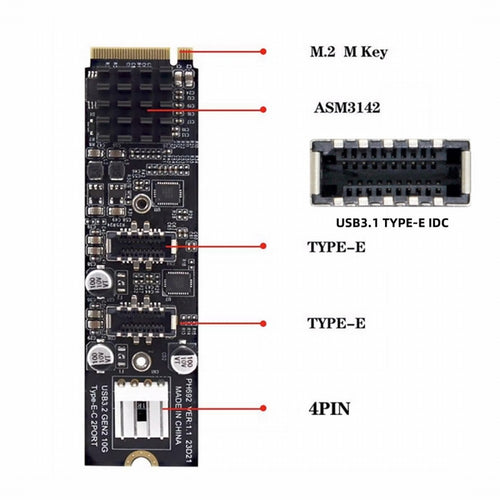 10Gbps Dual Type-E USB 3.1 Front Panel Socket to NVME NGFF M-Key Express Card Adapter for Motherboard EP-020