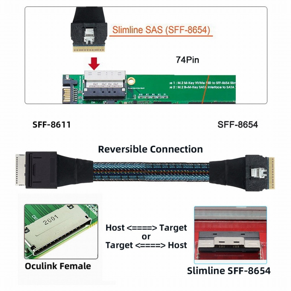 Oculink PCIe PCI-Express SFF-8611 8i to SFF-8654 8i 8x Slimline SSD Data Active Cable 50cm SF-076