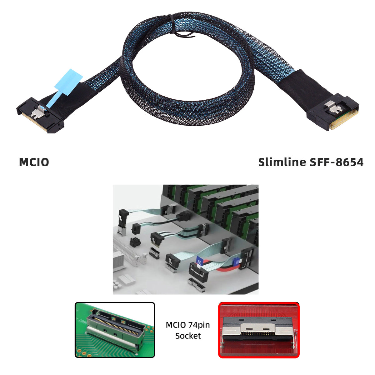 PCI-E 5.0 Mini Cool Edge IO MCIO PCI-E 8i 74Pin Male to Slimline SFF-8654 SAS 4.0 74Pin Male Extender Cable 50cm SF-075-BK