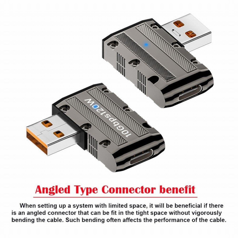 USB-C USB 3.1 Type C Female to USB 3.0 Type-A Male 90 Degree Right Angled Flat Type 10Gbps Data 120W Power Adapter Mecha Cyberpunk Style UC-029-TC001