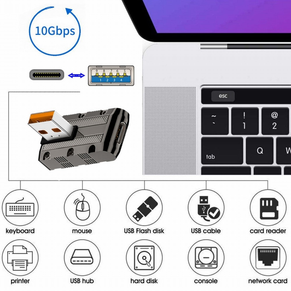 USB-C USB 3.1 Type C Female to USB 3.0 Type-A Male 90 Degree Right Angled Low Profile Type 10Gbps Data 120W Power Adapter Mecha Cyberpunk Style UC-029-TC005