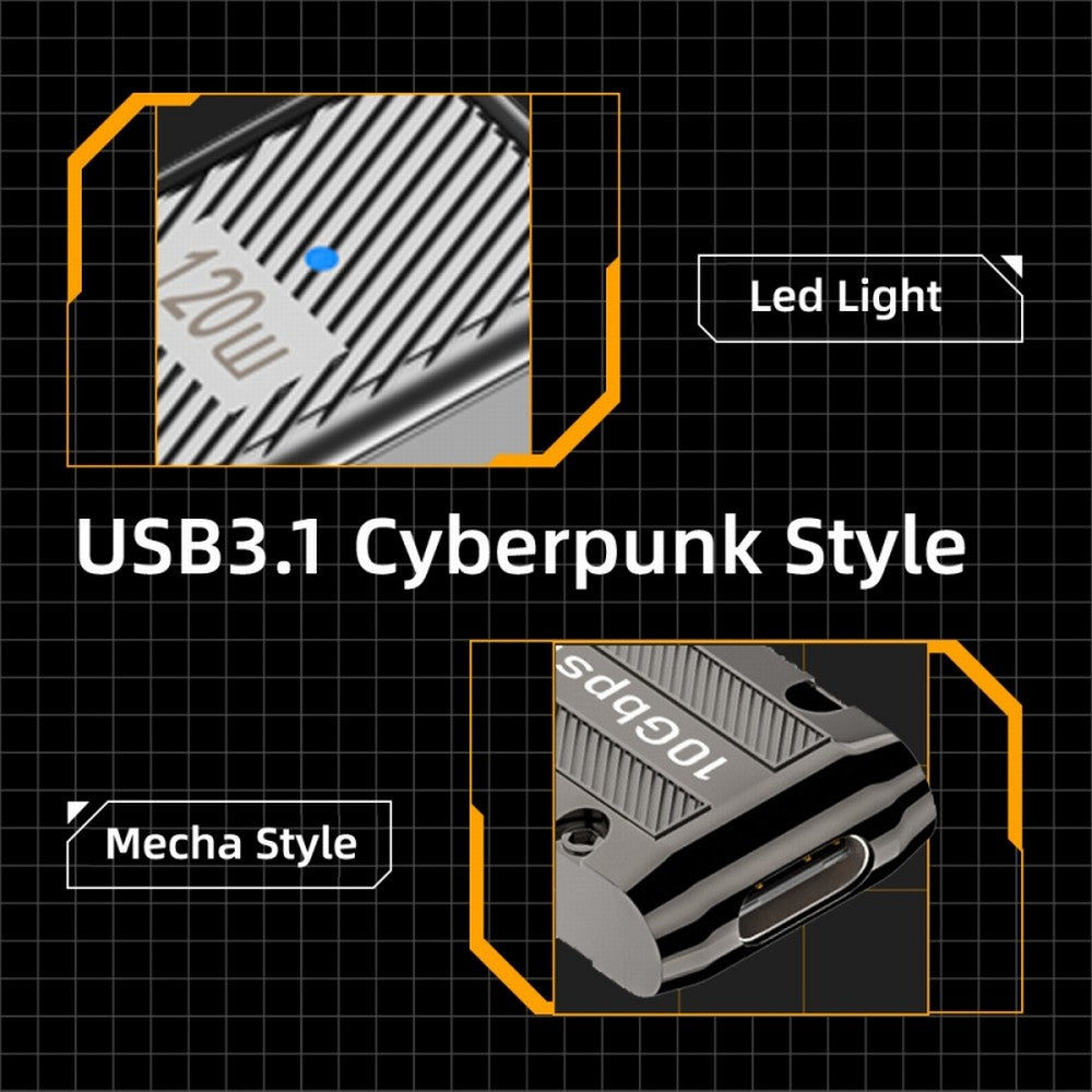 USB-C USB 3.1 Type C Female to USB 3.0 Type-A Male 90 Degree Down Angled Low Profile Type 10Gbps Data 120W Power Adapter Mecha Cyberpunk Style UC-029-TC007