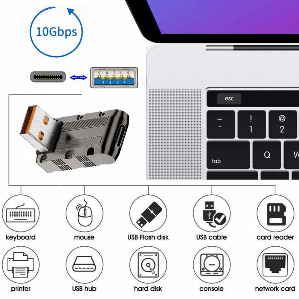 USB-C USB 3.1 Type C Female to USB 3.0 Type-A Male 90 Degree Down Angled Low Profile Type 10Gbps Data 120W Power Adapter Mecha Cyberpunk Style UC-029-TC007
