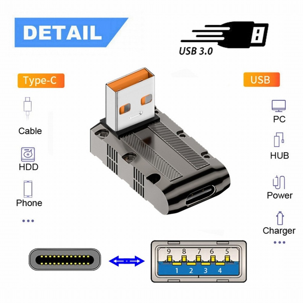 USB-C USB 3.1 Type C Female to USB 3.0 Type-A Male 90 Degree Up Angled Low Profile Type 10Gbps Data 120W Power Adapter Mecha Cyberpunk Style UC-029-TC008