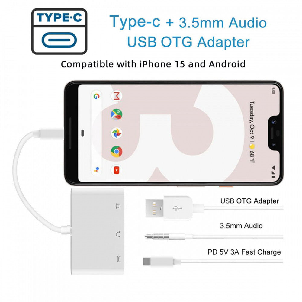 Type C USB-C to 3.5mm Audio AUX & Type-A USB2.0 OTG Female with PD Power Charge Adapter Compatible with Laptop Tablet Phone UC-155-TC004