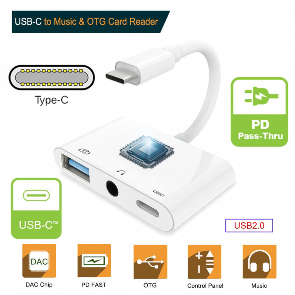 Type C USB-C to 3.5mm Audio AUX & Type-A USB2.0 OTG Female with PD Power Charge Adapter Compatible with Laptop Tablet Phone UC-155-TC004
