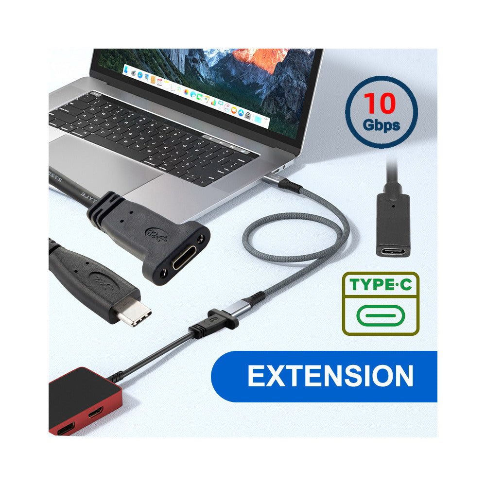 USB-C USB 3.1 Type C Male to Female Extension Data Cable with Panel Mount Screw Hole UC-041-BK
