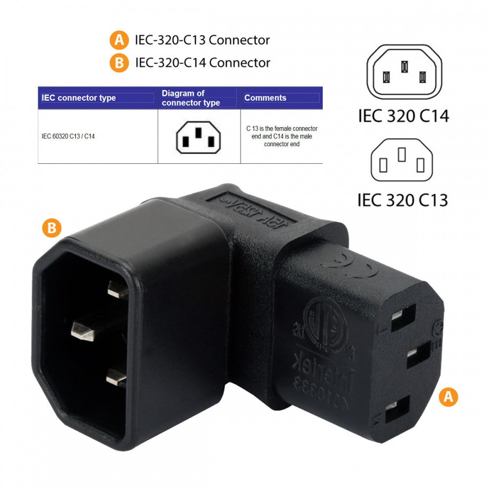 IEC Male C14 to Up Direction Right Angled 90 Degree IEC Female C13 Power Extension Adapter AC Convertor PW-031-UP