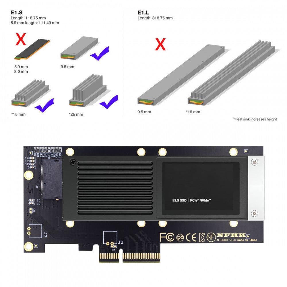 PCI-E 4.0 4X Host Adapter to NVMe Ruler 1U GEN-Z EDSFF 9.5mm 15mm 25mm Thickness Short SSD E1.S with Heat Sink PM9A3 PM9D3 P5801X Carrier Adapter SF-036-PM