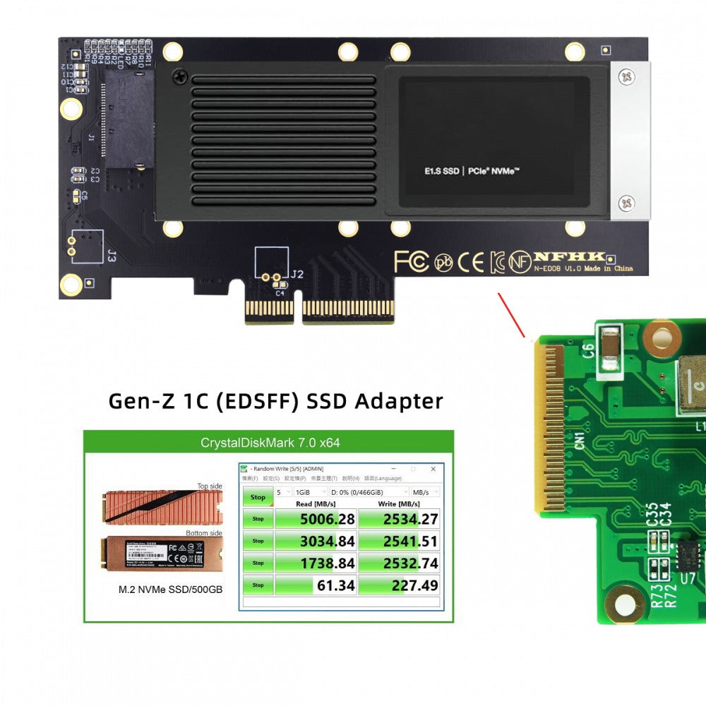 PCI-E 4.0 4X Host Adapter to NVMe Ruler 1U GEN-Z EDSFF 9.5mm 15mm 25mm Thickness Short SSD E1.S with Heat Sink PM9A3 PM9D3 P5801X Carrier Adapter SF-036-PM