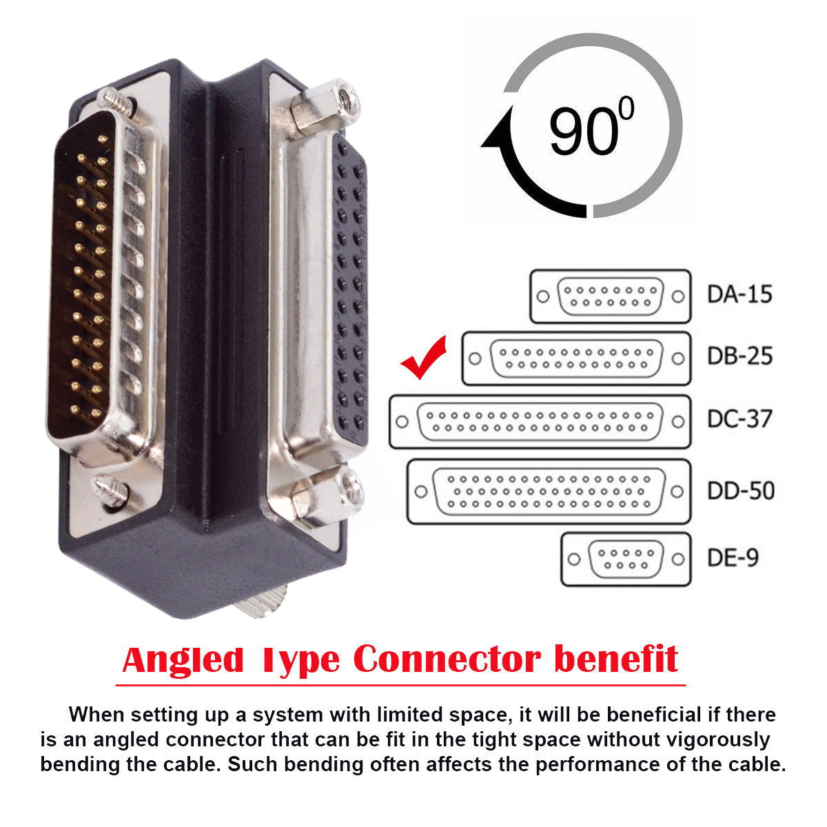 DSUB Parallel LPT AES/EBU DB25pin Male Nut to Female Screw Extension Adapter DB Connector Up 90 Degree Angled DB-008-UP