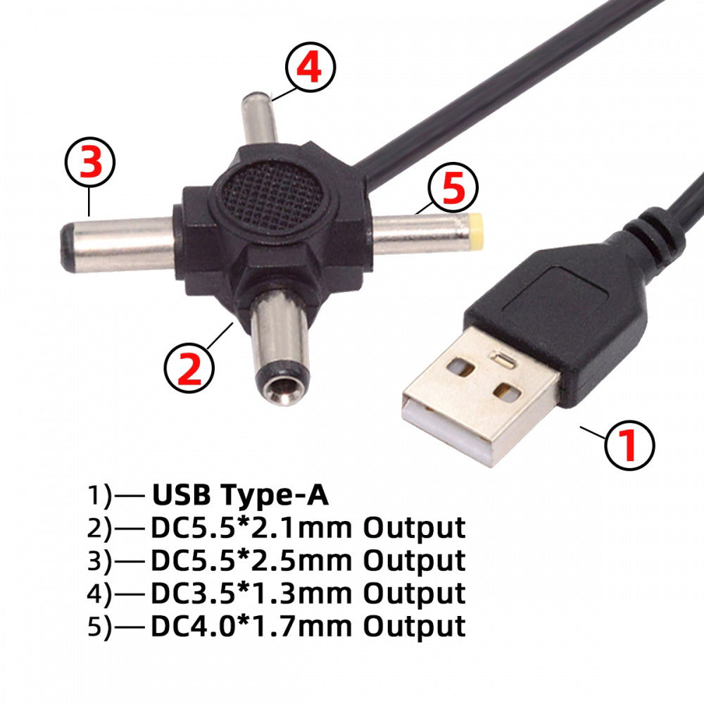 USB 2.0 Type-A Male to 4-in-1 DC 5V 5.5x2.5mm 5.5x2.1mm 4.0x1.7mm 3.5x1.3mm Power Plug Barrel Connector Charge Cable PW-010-AM