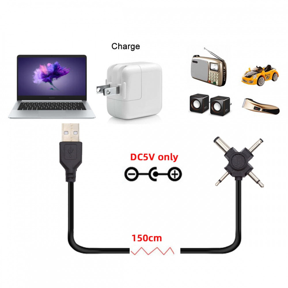USB 2.0 Type-A Male to 4-in-1 DC 5V 5.5x2.1mm 4.0x1.7mm Mono 3.5mm 2.5mm Power Plug Barrel Connector Charge Cable PW-010-MO